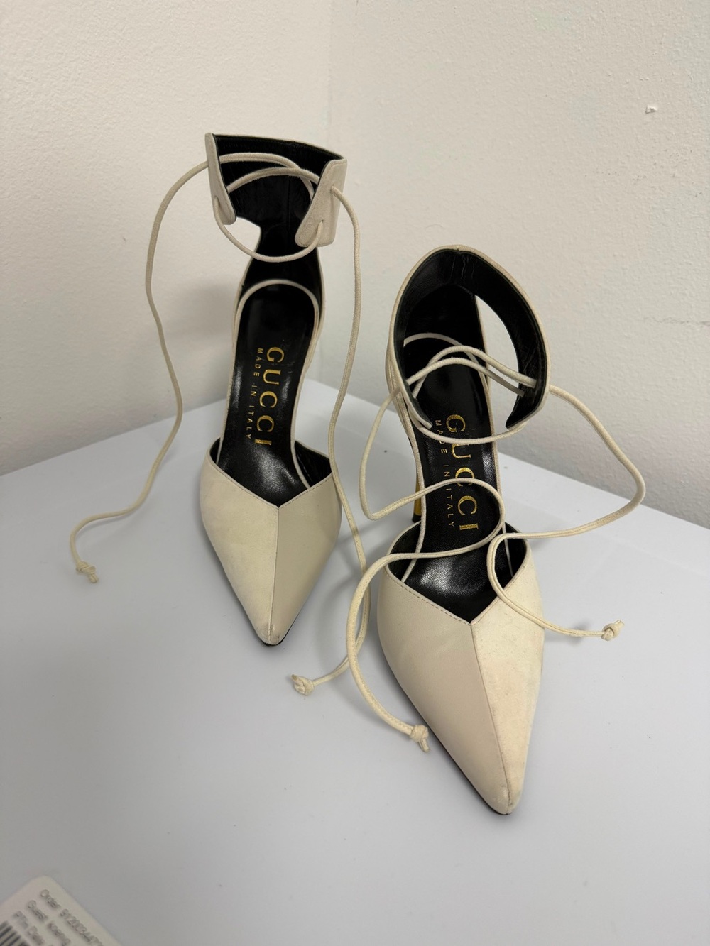 Gucci Cream Pointed-Toe Lace-Up Heels